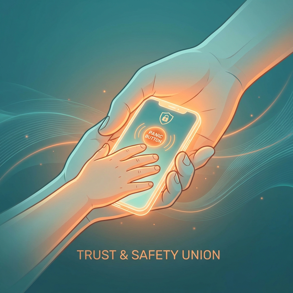 Botón de Pánico Familiar: Manos unidas sosteniendo un smartphone